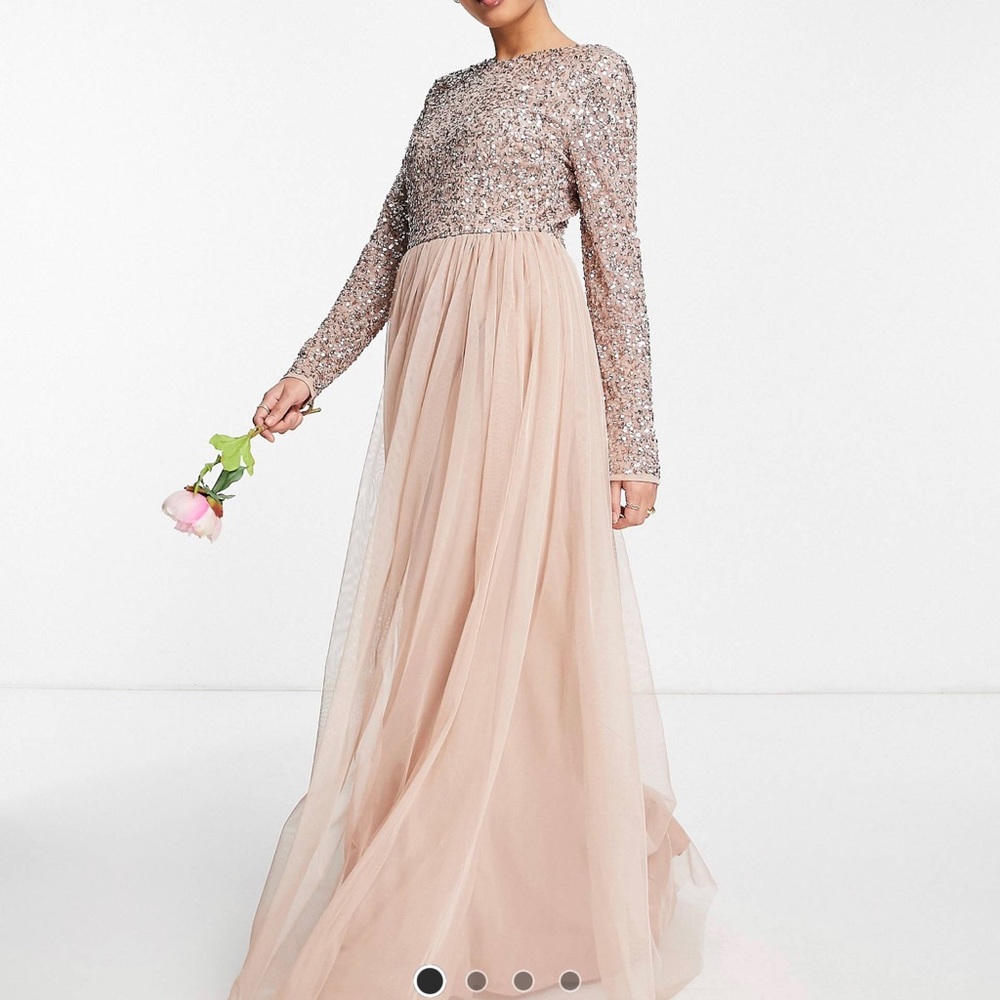 Maya bridesmaid long sleeve maxi tulle dress w sequin in muted blush